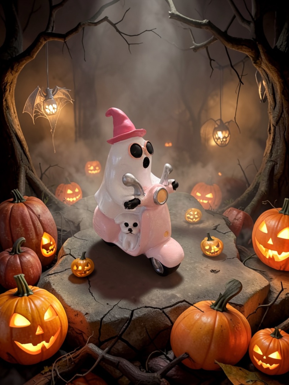 🏍️👻🐶NWT ADORABLE CERAMIC GHOST & DOG ON MOTORCYCLE HALLOWEEN FIGURE DECOR 🏍️👻🐶